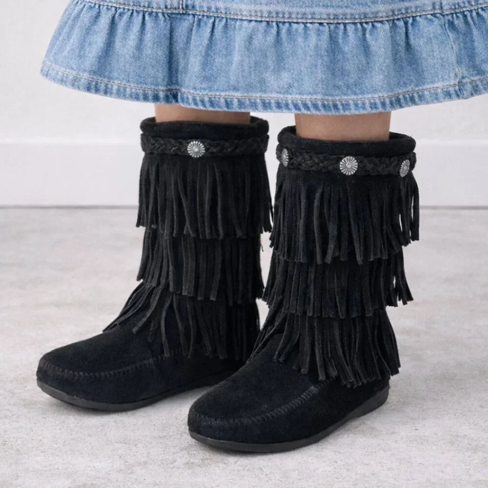 Minnetonka Black Suede 3 Tier‎ Fringe Tall Boots, Girl's Size 3